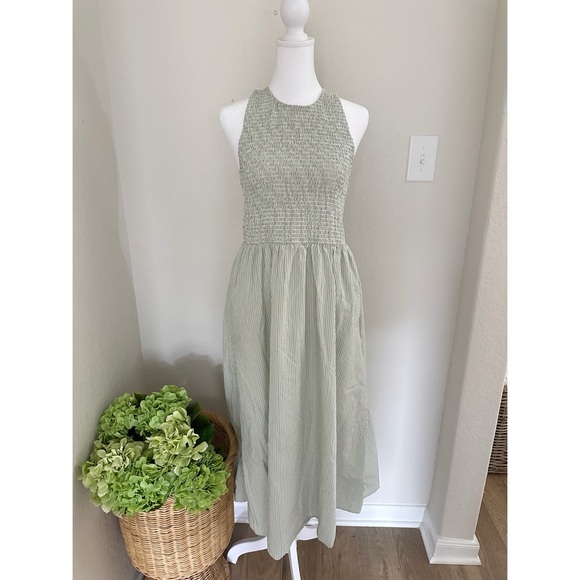 Madewell Smocked Sleeveless Midi Dress in Pistachio Stripe Size Small - Picture 3 of 10